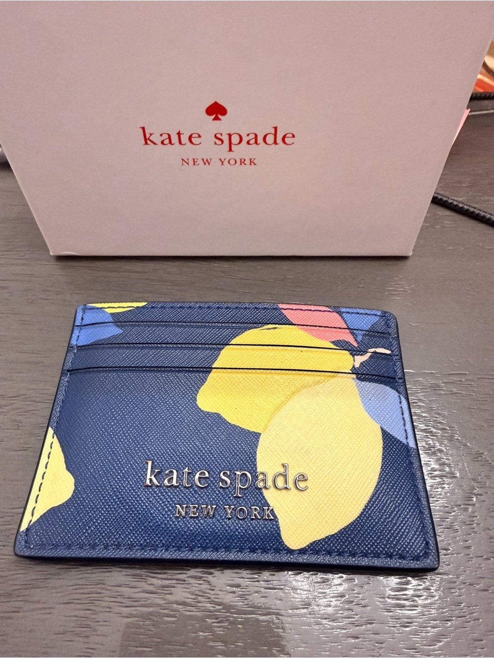 kate spade navy blue lemon print cardholder with box